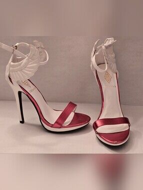 DIVA Lounge White and Red Satin Angel Wing Ankle Stiletto High Heels Sz. 6.5